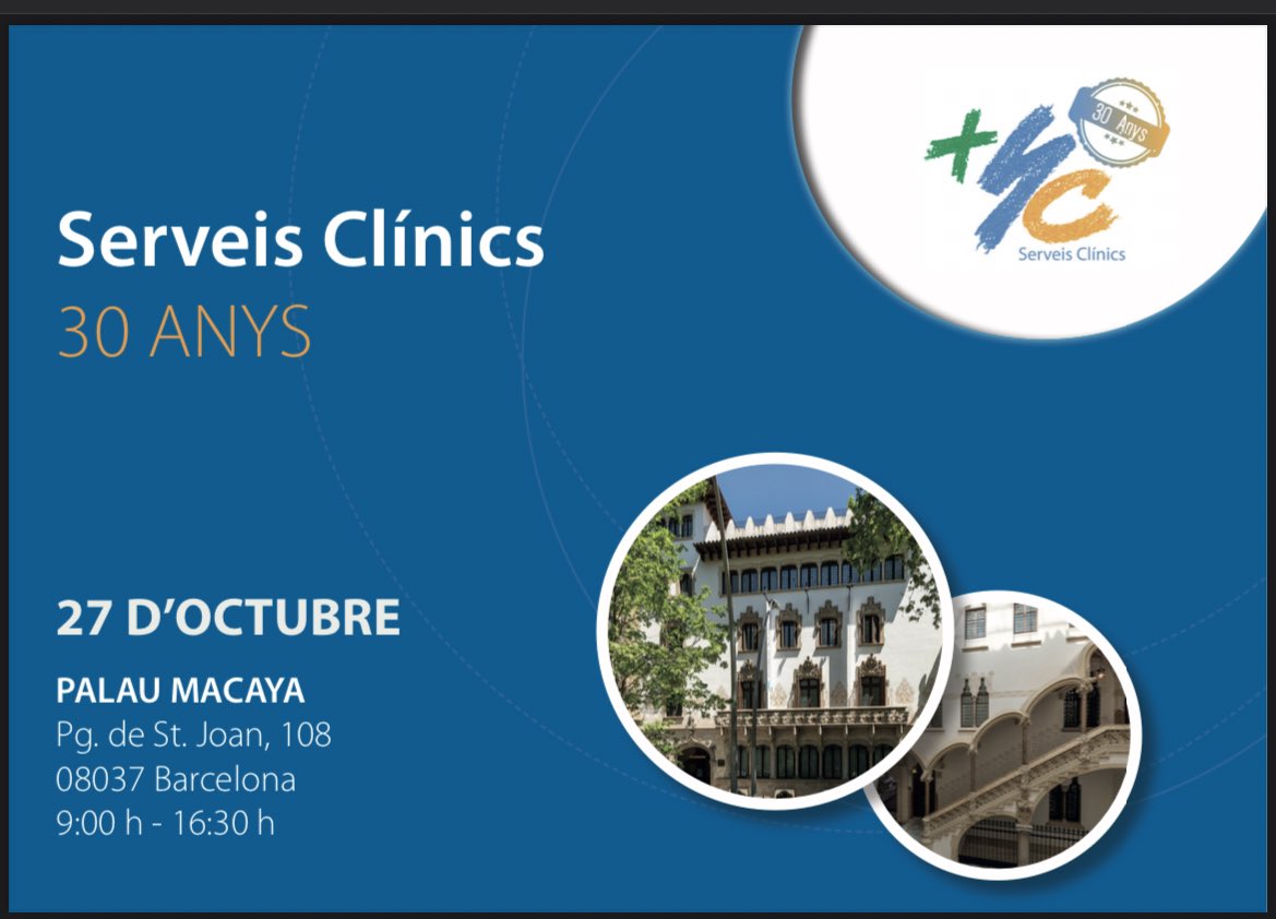 👉 Jornada 30é. aniversari de <a href="/ServeisClinics/">Serveis Clínics</a> el proper 27-X. S’adjunta programa.
Info: administracio@serviciosclinicos.com

Feliç aniversari 👏👏👏

@salutpublicabcn <a href="/salutcat/">Salut</a> <a href="/SCMIMC1/">SCMIMC</a> <a href="/socapnet/">SOCAP 🫁</a> <a href="/tbexperimental/">Experimental TB Unit (UTE) of the IGTP-HUGTIP</a> <a href="/COMBarcelona/">Col·legi Metges BCN</a> <a href="/cocoopsi/">COCOOPSI</a> <a href="/Oneandahalf_Lab/">One & a Half LabGroup</a> <a href="/ISGLOBALorg/">ISGlobal</a> <a href="/BIOCOMSC1/">BIOCOM-UPC</a>