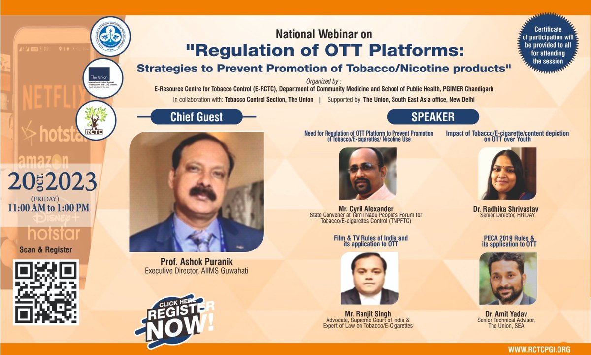 RCTC PGI (@rctcpgi) on Twitter photo 📢 Topic: Regulation of OTT Platforms: Strategies to Prevent Promotion of Tobacco/Nicotine Products
🗓️ Date: 20 October 2023🕒 Time: 11:00 AM- 01:00 PM📍 Platform: Online <a href="/ProfSonuGoel/">Prof. Sonu Goel</a> <a href="/thecoolrajeev/">Rajeev Choudhary</a>
Registration link below 👇
us06web.zoom.us/meeting/regist… 📢 Topic: Regulation of OTT Platforms: Strategies to Prevent Promotion of Tobacco/Nicotine Products
🗓️ Date: 20 October 2023🕒 Time: 11:00 AM- 01:00 PM📍 Platform: Online <a href="/ProfSonuGoel/">Prof. Sonu Goel</a> <a href="/thecoolrajeev/">Rajeev Choudhary</a>
Registration link below 👇
us06web.zoom.us/meeting/regist…