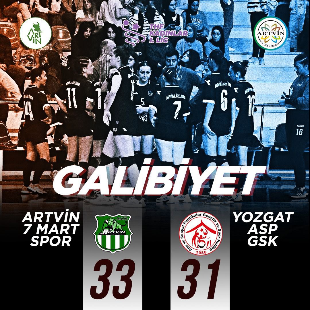 “O sene bu sene” parolasıyla ilk müsabakasında kendi seyircisiyle buluşan Artvin 7 Mart spor Kulübü Kadın Hentbol 1.lig takımımız Yozgat ASP GSK’nü 33-31 yenerek  şampiyonluğa ilk adımını attı.Keyifle izleyerek takip ettiğimiz kızlarımıza süper lig yolunda başarılar diliyoruz.