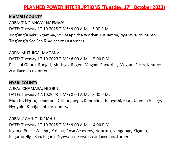 KenyaPower_Care's tweet photo. Hello, these areas will be affected by scheduled power interruptions tomorrow: ^BT https://t.co/QmrEU3W3aQ