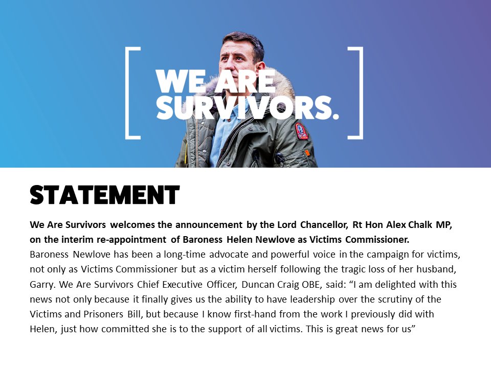 We are delighted to learn of the announcement of the re-appointment of @baronessnewlove as Interim #VictimsCommissioner. #Victims #SurvivorsMatter #SexualAbuse #RapeReview