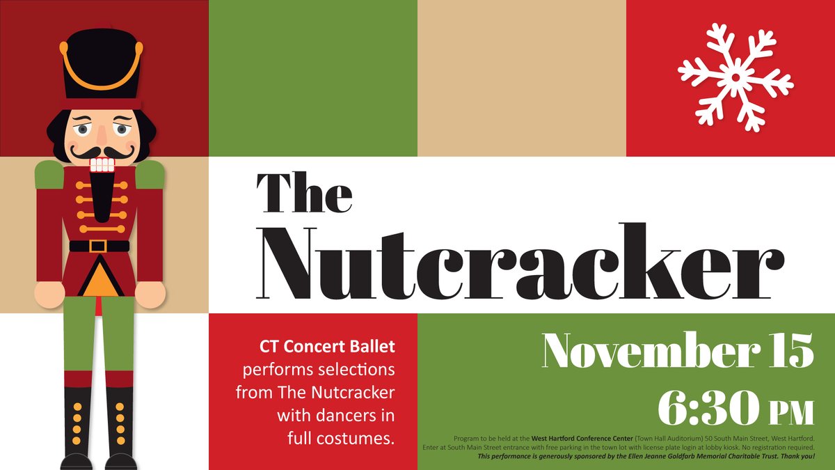 CT Concert Ballet performs selections from The Nutcracker with dancers in full costumes on Wed. 11/15, 6:30PM at Town Hall Auditorium (50 South Main Street.) Enter at South Main Street entrance with free parking in the town lot with license plate login at lobby kiosk.