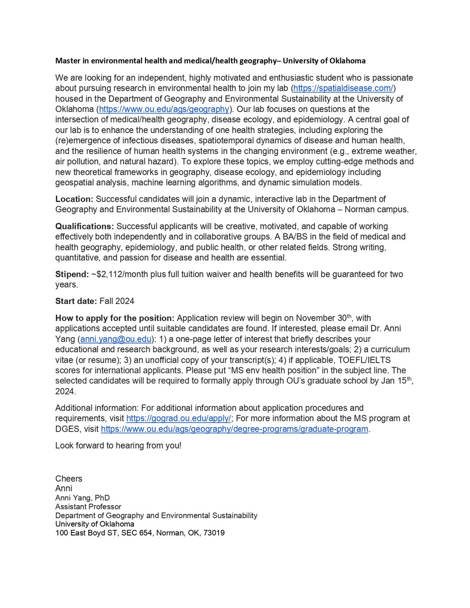 Hey all, I'm hiring a MS student who is interested in health geography and environmental health. Please feel free to contact me, if you are interested.