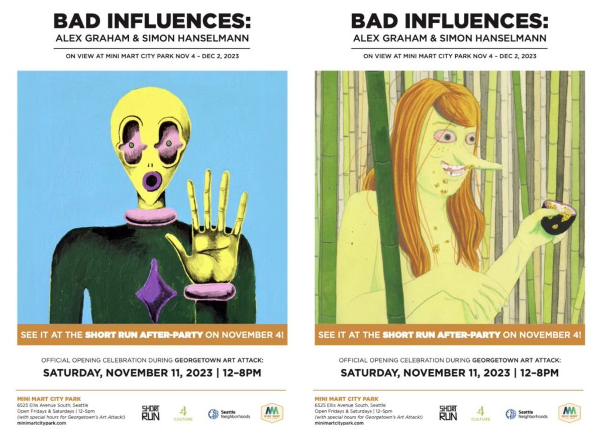 Coming soon: Bad Influences: Alex Graham & Simon Hanselmann art show at Mini Mart City Park! Get a first look at the Short Run After-Party on 11/4 and don't miss the official opening during Georgetown's ART ATTACK on 11/11!