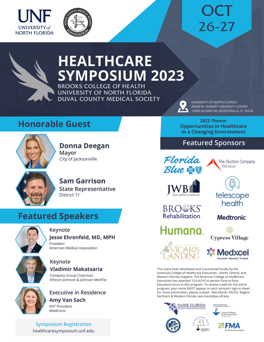 It's not too late to join us next week for Healthcare Symposium 2023 in partnership with @unfbrookshealth! Learn more and register at: healthcaresymposium.domains.unf.edu