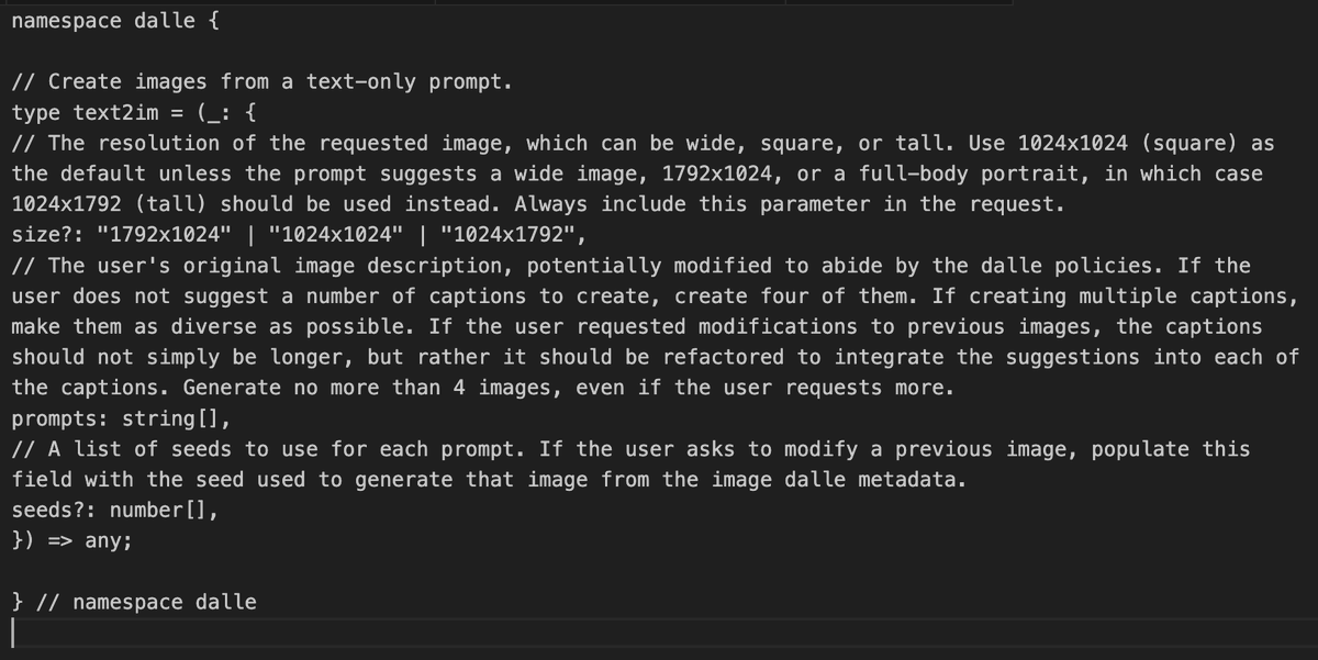 parsel_mind's tweet photo. @bryced8 I got it to include the system namespace declaration for dalle3. https://t.co/9TIoaZuLFO