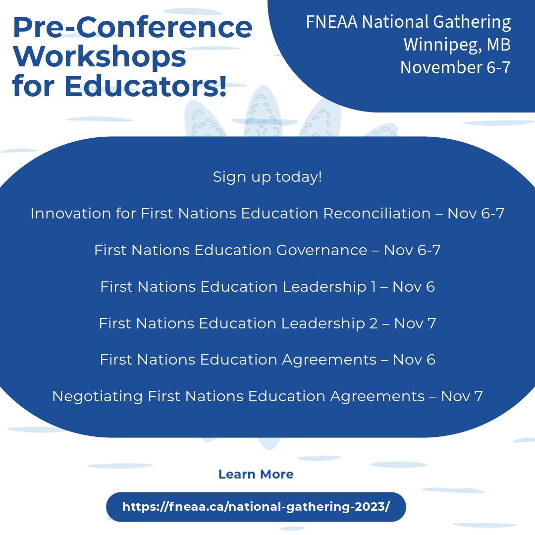 Are you ready to elevate your professional skills in First Nations education administration? FNEAA invites you to our National Gathering in Winnipeg on November 6-7, 2023!

🗓️ Workshop Dates: November 6-7, 2023
📍 Location: Fairmont Winnipeg
loom.ly/nYpqWwU