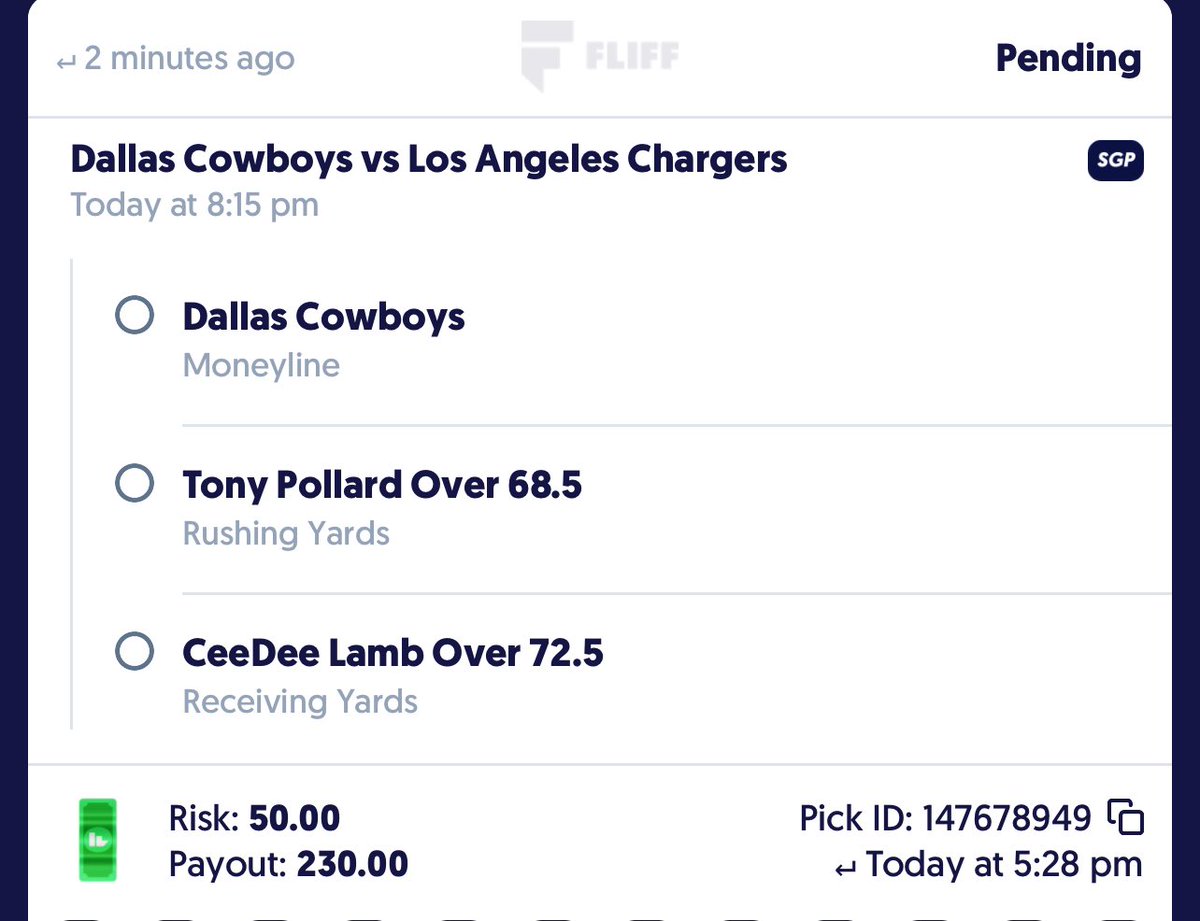 MNF Card 🏈

1u - Tony Pollard o68.5 rushing yards 
1u - DeeDee Lamb o72.5 receiving yards 

.5 units on the lay 

Best of luck to all! 

#GamblingTwitter #GamblingCommunity #NFL #DFS