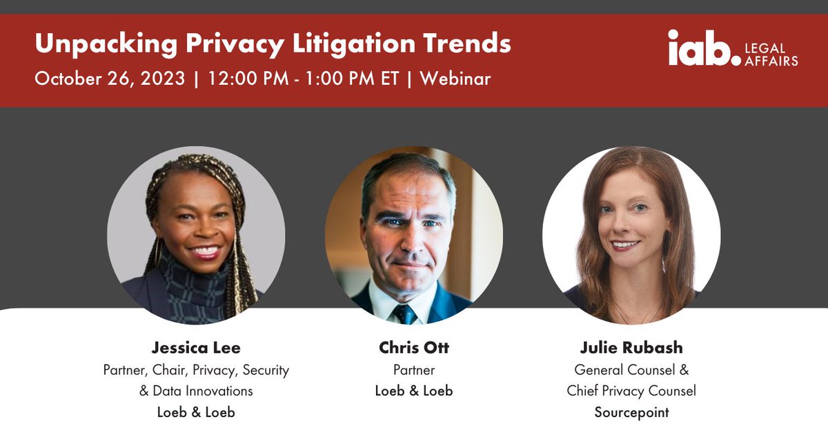 Join <a href="/lawgirl821/">Jessica B. Lee</a> , Chris Ott and me for an <a href="/iab/">IAB</a> webinar on recent privacy litigation trends.  Register at iab.com/events/unpacki…{{webinar}}_{{iab}}.