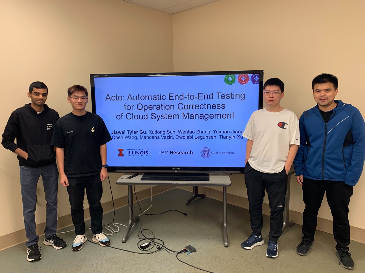 The Acto team is ready for their @sospconf presentation! @tylergu_jiawei practiced the talk at @IllinoisCS Systems Reading group. Acto is a 'push-button' e2e testing tool for #Kubernetes operators. It has found 50+ bugs in many #K8s #Operators. Checkout: tianyin.github.io/pub/acto.pdf