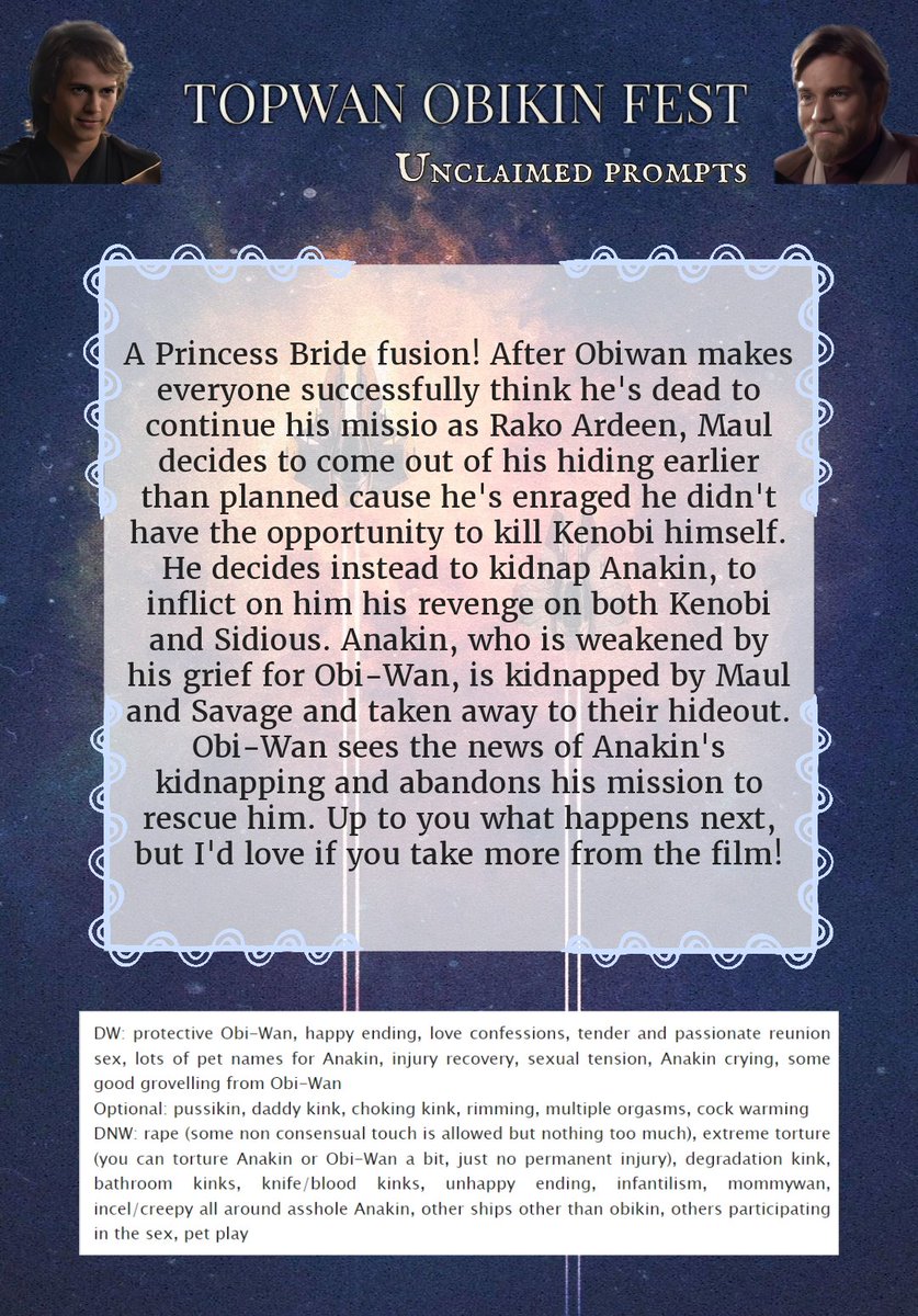topwan_obikin's tweet photo. Hello there!
Let's give some spotlight to our unclaimed prompts!
You have time to claim until our posting week (27 Nov-03 Dec)
Prompting will stay open until Nov 12th!
For today unclaimed prompt we have a Rako Ardeen arc with a Princess Bride Fusion!
https://t.co/DfvSipa3Tb https://t.co/A5CsoLsiSs