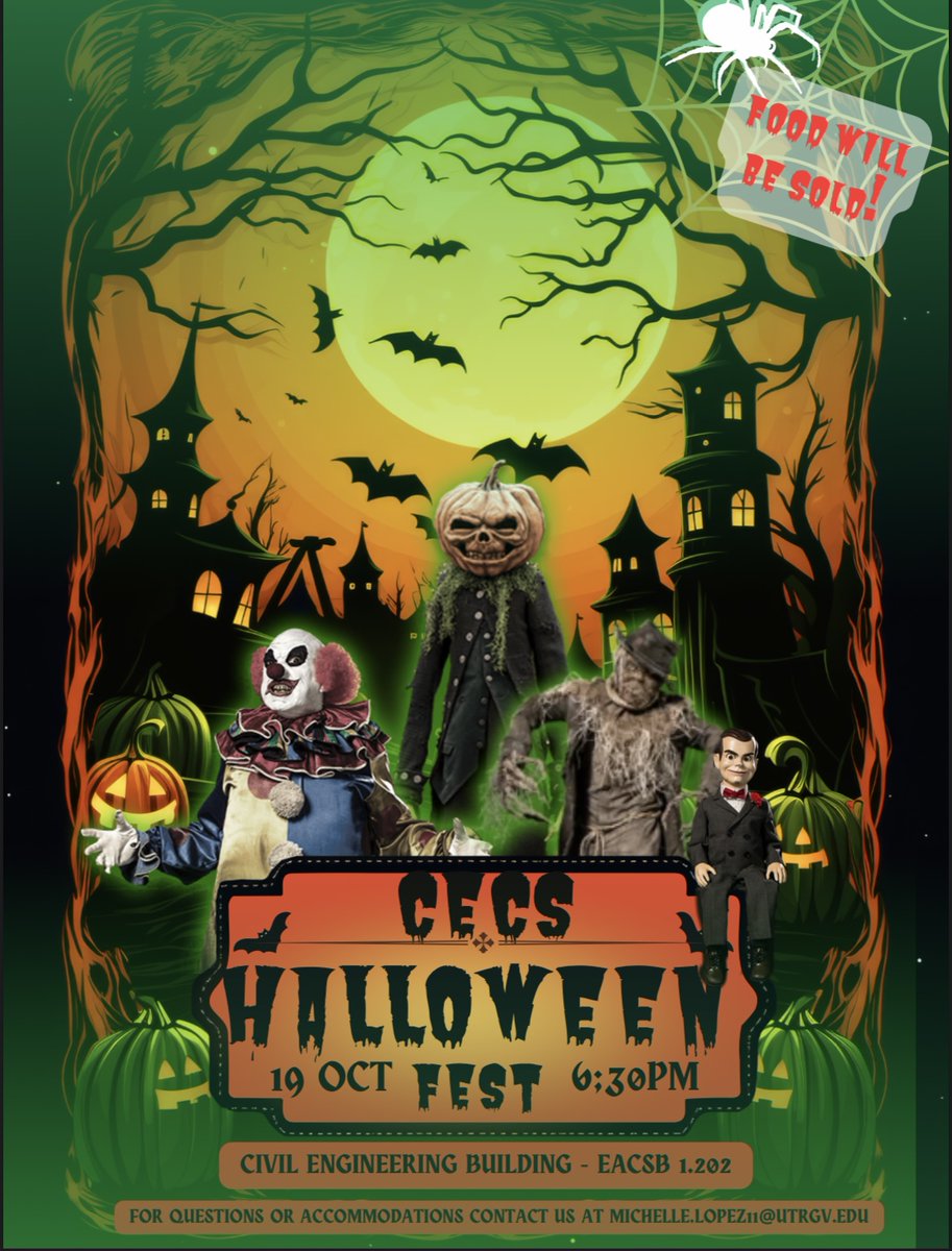 UTRGVCIVE's tweet photo. Come out and support the UTRGV Engineering Departments at our annual Haunted Hallway/ Halloween Fest! 10/19/23

The nightmare begins at 6:00p.m. Don't miss out! Tickets are $7.00 in advance or $10.00 at the door. 

Food booths will be available outside the haunted hallway. https://t.co/bZRzjB8WXx