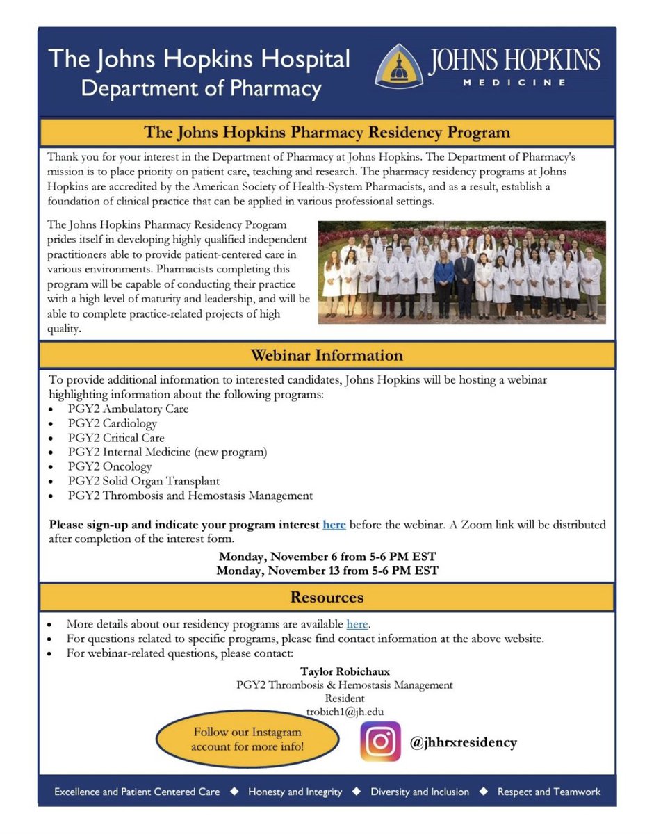 Want to 👂🏻more about PGY2 residency opportunities in Thrombosis and Hemostasis Management? 🩸 Register for one of our PGY informational webinars to learn more about what JHH has to offer. Q&amp;A time with both me and current 🌟 PGY2 <a href="/t_robipharmd/">Taylor Robichaux, PharmD, BCPS</a>. 11/6 and 11/13 5-6 PM EST