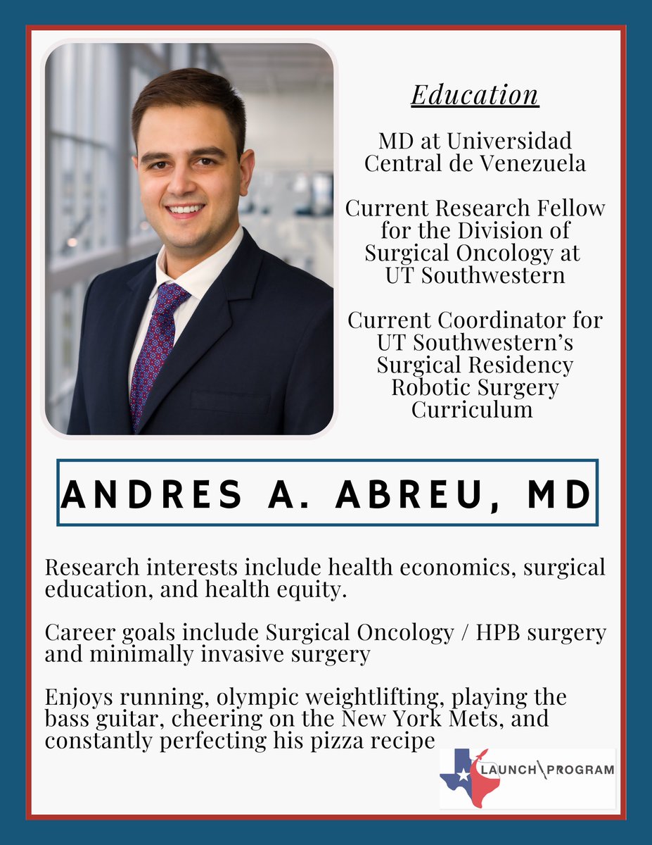 Kicking off this year’s spotlights is the amazing Andres Abreu! He’s a current research fellow at UTSW, and applying for the General Surgery #match2024 

#generalsurgerymatch2024 #gensurgmatch2024 #futuresurgeon #medtwitter #utswmatch