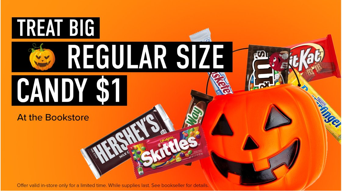 RVCBookstore's tweet image. 🎃🍫 Halloween Candy Sale! 🍫🎃

No tricks, just treats at our bookstore! Our regular size candy bars are now just $1! After all, there’s no such thing as too much candy on Halloween! 🍬👻
@rvcgoldeneagles @RVC_Athletics