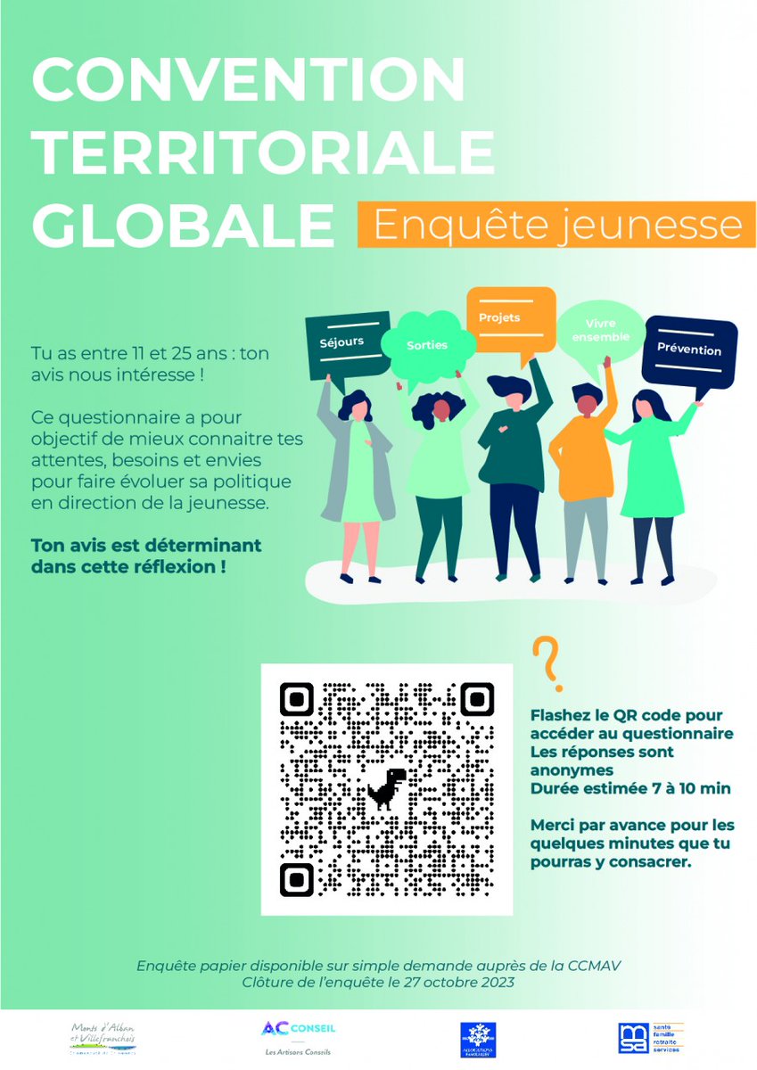 🔹Tu as entre 11 et 25 ans
🔸Tu résides sur la Com Com des Monts d'#Alban et du Villefranchois (#Tarn)
🔹Tu souhaites faire évoluer sa politique en direction de la #jeunesse 
➡️Ton avis les intéresse !
↪️Réponds à l’enquête avant le 2⃣7⃣/🔟: forms.gle/pmgQ4yfCtNjFwr…