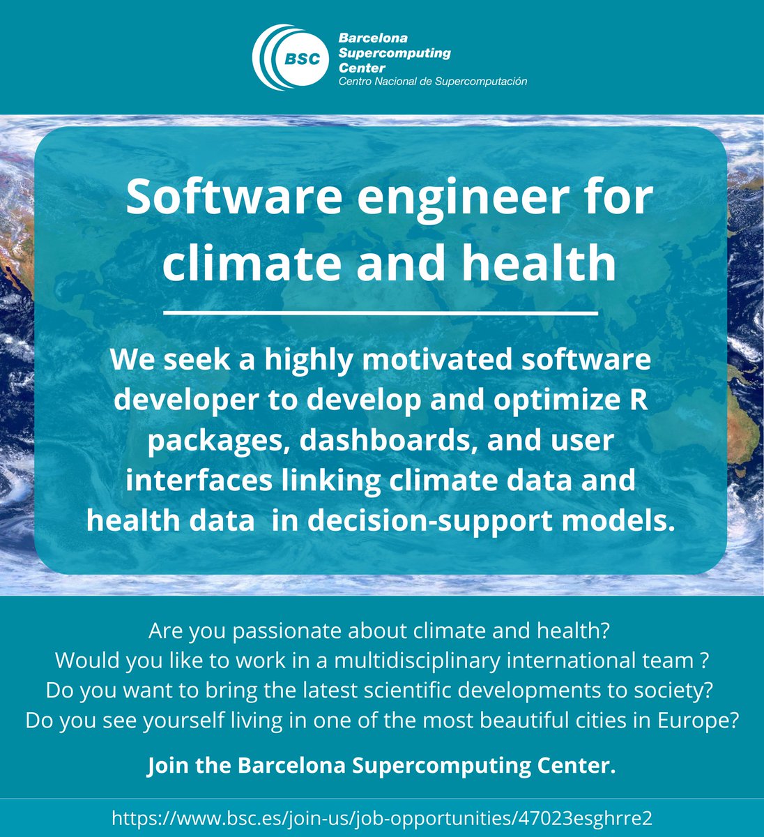 drrachellowe's tweet image. Exciting opportunity to work with the @BSC_CNS Earth Sciences Data Diagnostics and Global Health Resilience teams to co-develop software solutions for climate-health projects @wellcometrust #HARMONIZE_tools #IDExtremes @IDAlertproject 

Apply here: bsc.es/join-us/job-op…