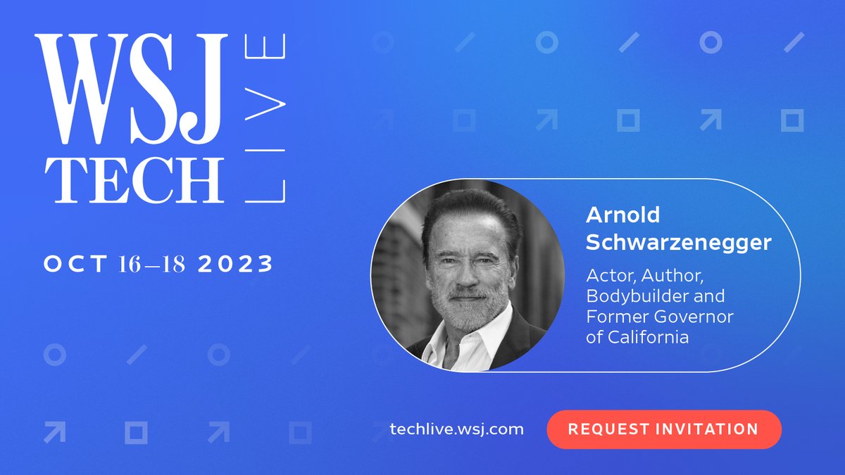 WSJLive's tweet photo. Tonight, at 10:50 p.m. ET, the Journal's @erichschwartzel will speak with former governor and perennial Terminator @Schwarzenegger. Tune in here to watch live.

More updates here: https://t.co/keqZa1nM0h
#WSJTechLive https://t.co/50xj2yvI1c
