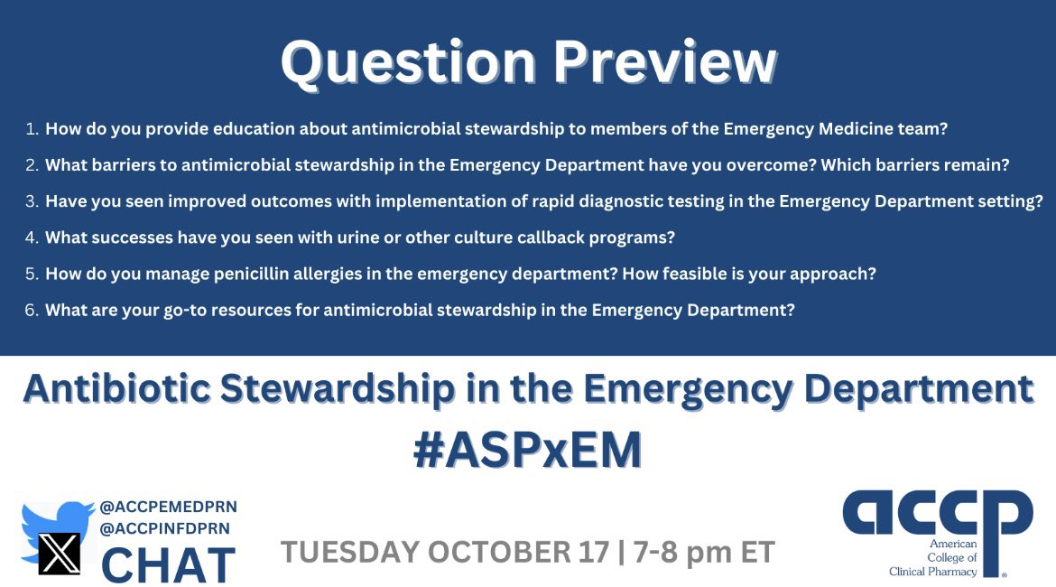 Check out what we’ll be discussing during the Antibiotic Stewardship in the Emergency Department chat TOMORROW night! 🚑🧫💊

📆 Tuesday, Oct 17
⏰ 7-8 PM ET

#ASPxEM #IDTwitter #IDPRN #EMRx