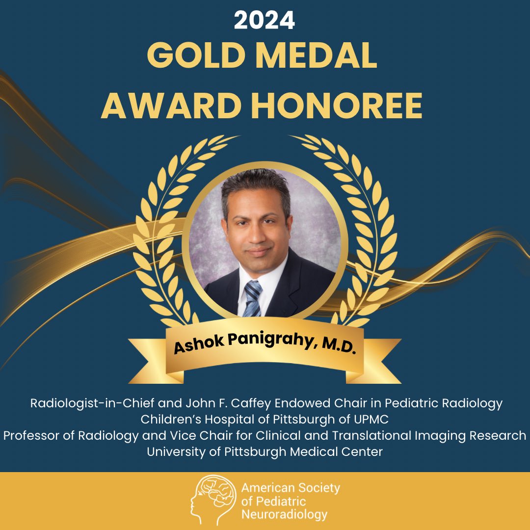 Congratulations to Dr. @AshokPanigrahy6, the 2024 ASPNR Gold Medal Award Honoree for extraordinary, notable & prestigious achievements & contributions in the field of pediatric neuroradiology! #GoldMedal #PediNeuroRad @ChildrensPgh @PittRadiology aspnr.org/awards/gold-me…