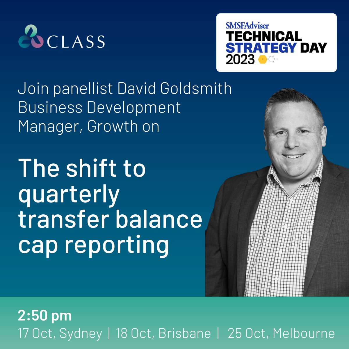 Quarterly reporting is here for all SMSFs. Join David Goldsmith on the panel session at the SMSF Adviser Technical Strategy Day at the Four Seasons Hotel Sydney today. Meet Dino Micallef at the Class stand for a chance to win AirPods. #smsf #superannuation #accountants