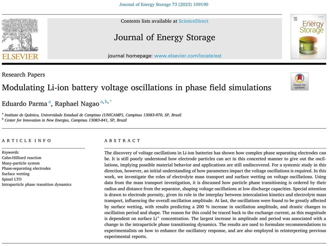 Our second paper about voltage oscillations in Li-ion batteries, but now in the Journal of Energy Storage. See more details in: sciencedirect.com/science/articl…