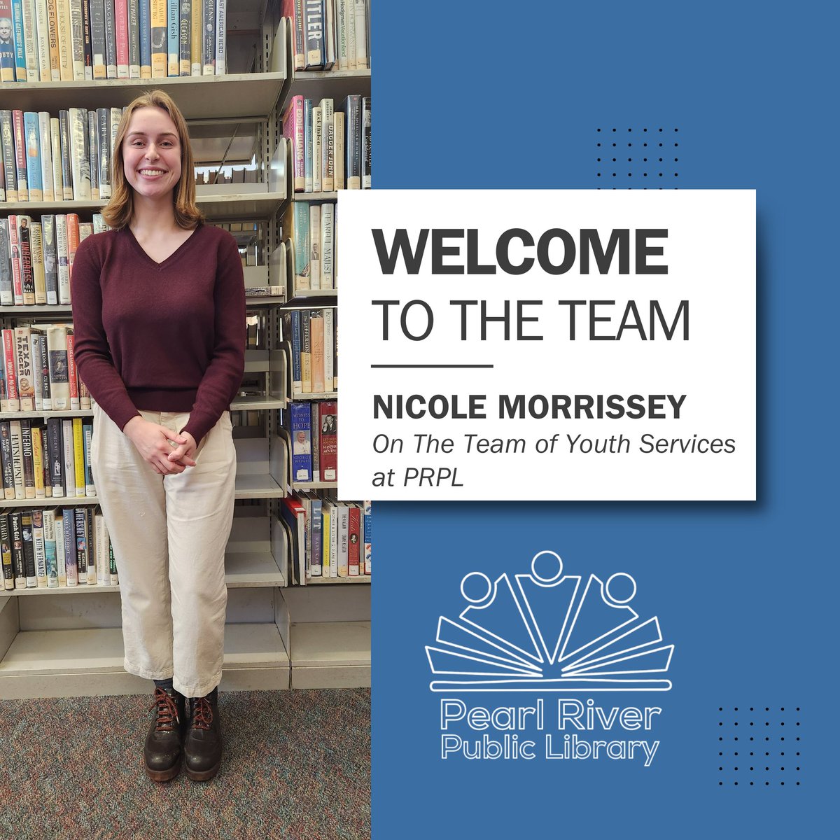 🎉 Join us in extending a warm welcome to Nicole as she officially joins our Youth Services team full time today! 🌟📚 We're thrilled to have her onboard, ready to bring even more enthusiasm and creativity to our library.  📖👋 #NewBeginnings #YouthServicesTeam #LibraryFamily