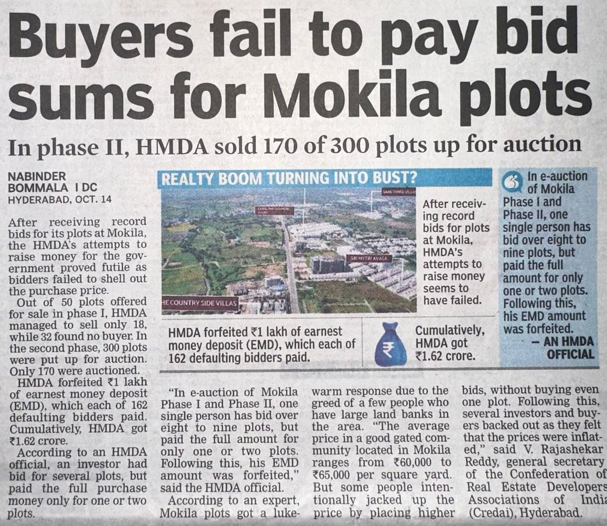 hyderabadprop's tweet image. Buyers fail to pay bid sums for #Mokila plots In phase II, HMDA sold 170 of 300 plots up for auction !!