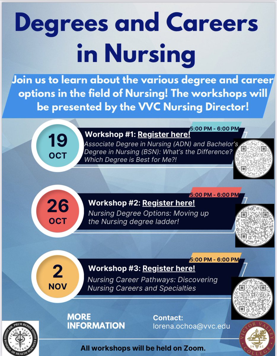 CounselingVvc's tweet photo. Are you majoring in nursing?! Are you unsure if you want to pursue a BSN or Associate’s degree?! Join us on this zoom session to learn about which option may be best for you! Date: 10/19 at 5pm. Register at https://t.co/Rm7xJtHAL8 @vvcedu @VVCTransfers https://t.co/sKBBllPwj1