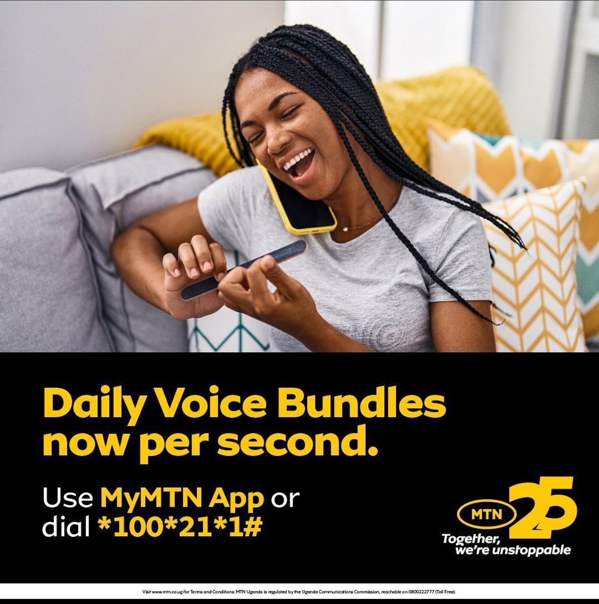 Were you aware that daily voice bundles are now charged per second? Utilize the MyMTN app or dial *100*21#. 

#MTNVoiceBundles
#TogetherWeAreUnstoppable