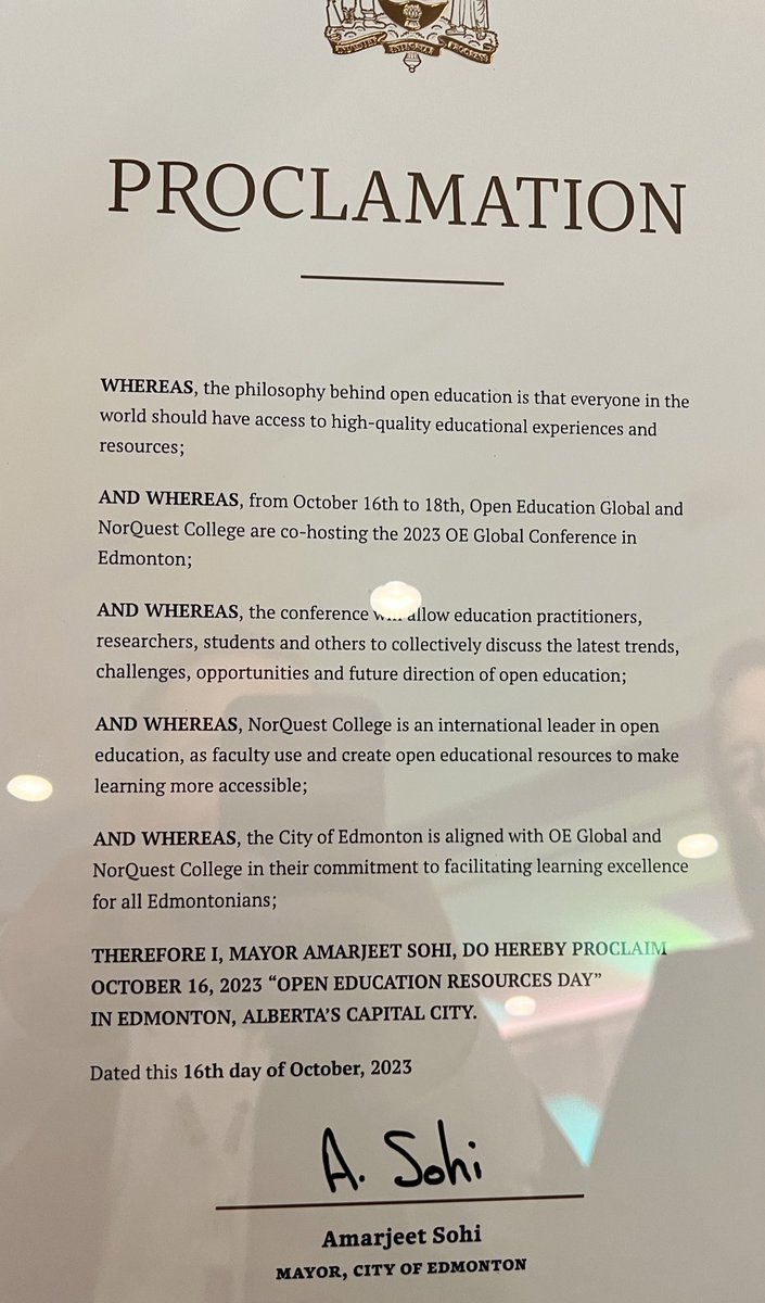 @wfvanvalkenburg.bsky.social (@wfvanvalkenburg) on Twitter photo The <a href="/CityofEdmonton/">City of Edmonton</a> proclaimed October 16th Open Educational Resources day <a href="/OpenEdGlobal/">Open Education Global</a> #oeglobal23 The <a href="/CityofEdmonton/">City of Edmonton</a> proclaimed October 16th Open Educational Resources day <a href="/OpenEdGlobal/">Open Education Global</a> #oeglobal23