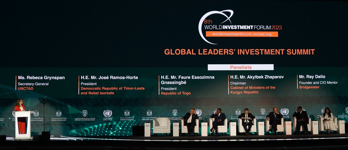 RGrynspan's tweet image. We begin the 8th World Investment Forum in the UAE focused on one objective: mobilising public and private sectors to close the $4 trillion investment gap needed to achieve the Sustainable Development Goals.
