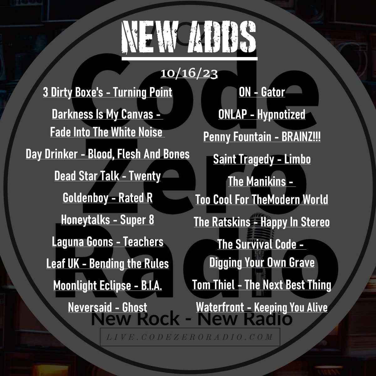 CodeZeroRadio's tweet photo. You'll need all fingers and toes to count this weeks new adds! Now in rotation and featured on Fresh Rocks, weekdays at 1 pm CDT/6 pm GMT. Web or app, we got the number for great new music!#appstore #newrock #apps #Nobex #streaming #andriod #radio #alternativerock #iPhone https://t.co/UWfjq3LVSA