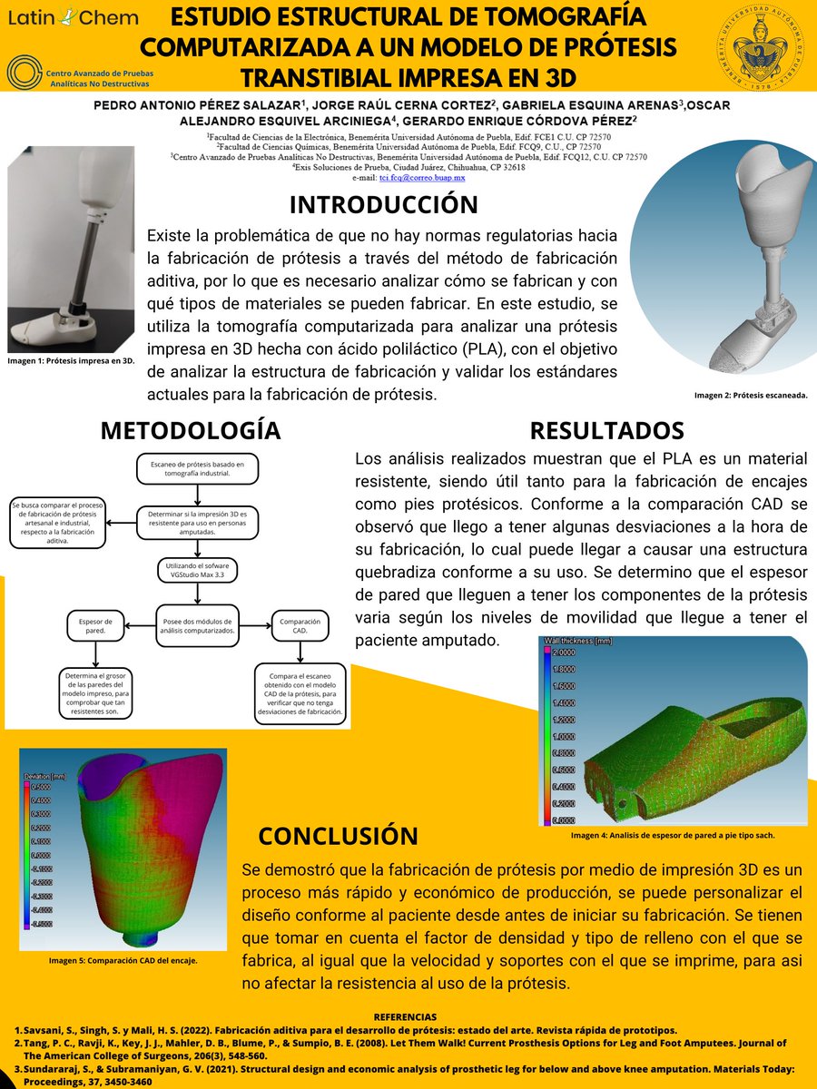 Hello, good morning, my name is Pedro Antonio Pérez Salazar, student of the FCE of the BUAP, my topic is about the study of a prosthesis printed in PLA. 
#Eng03 #LatinXChemEng #LatinXChem23 #prosthesis  #CTScan #3Dprint @GabyEsqquina @jrcerna @GerardoCor99835