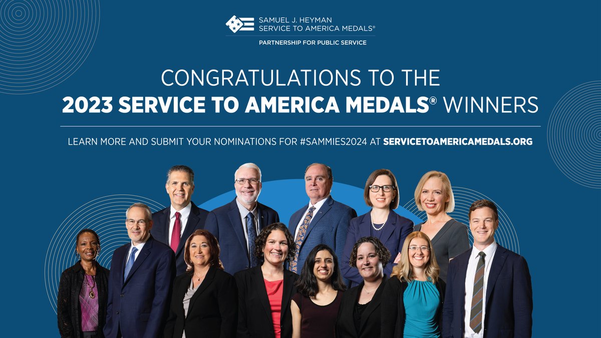 We're proud to present the #Sammies2023 winners. This year’s medal recipients from the @DeptofDefense, <a href="/USGAO/">U.S. GAO</a>, <a href="/StateDept/">Department of State</a>, <a href="/USDOT/">U.S. Department of Transportation</a>, <a href="/TheJusticeDept/">U.S. Department of Justice</a>, <a href="/FBI/">FBI</a>, <a href="/NASA/">NASA</a> and <a href="/HRSAgov/">HRSA</a> represent the best in #government.

🏅 Congratulations! hubs.la/Q025F_nQ0.

#PublicService