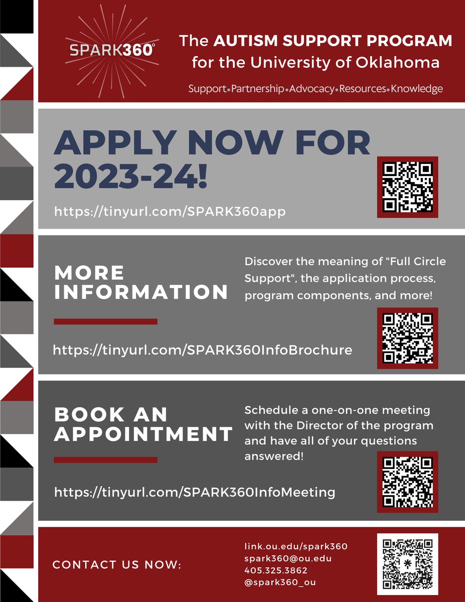 spark360_OU's tweet photo. Applications are still open for the 2023-24 cohort! 

Apply today: https://t.co/4yS4kuGFvO
Detailed program information: https://t.co/lpw0jKYzoK
Book an appointment with our Director: https://t.co/3kCvWBPvKj

#spark360 #inclusiveou #spark360ou #BoomerSooner #ouautismsupport https://t.co/D0j2Nt3UDh