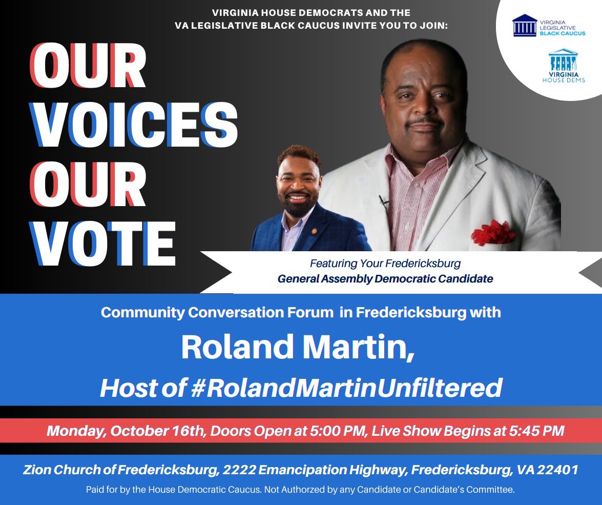 rolandsmartin's tweet image. Fredericksburg!!!! I wanna see y’all turn out in force tonight for our latest Virginia town hall. Come on out!!! #BlackOwnedMediaMatters #BlackVotesMatter