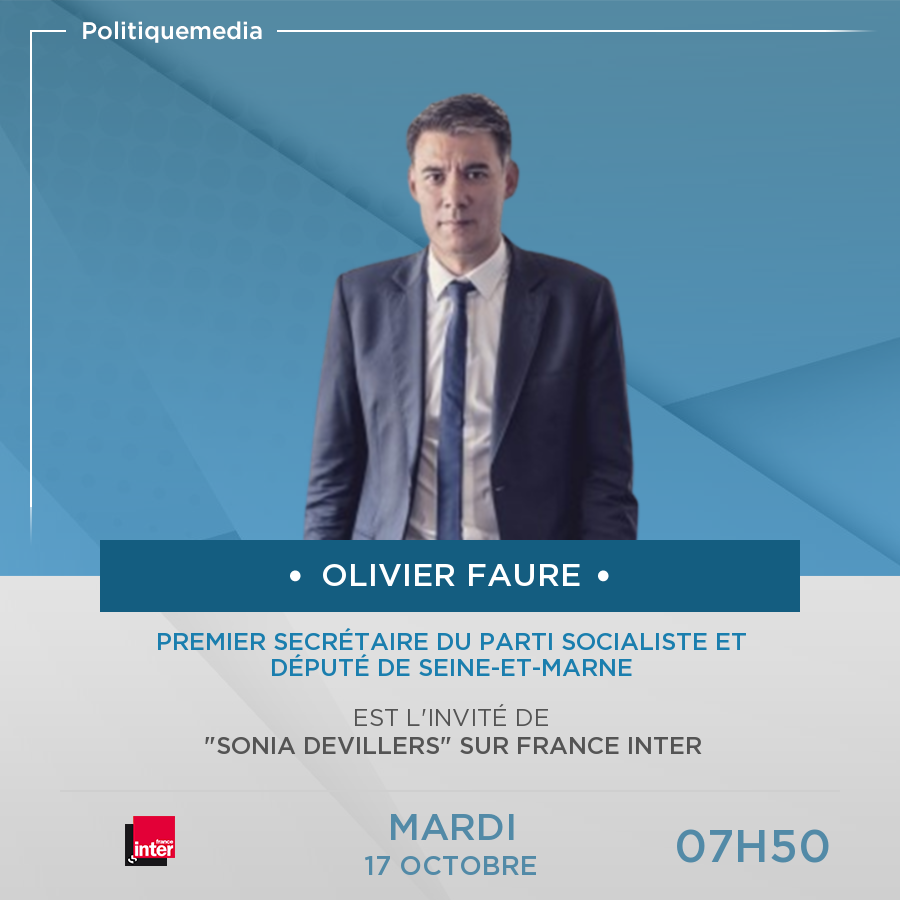 .<a href="/faureolivier/">Olivier Faure</a> sera, demain mardi 17 octobre à 07:50, l'invité de "Sonia Devillers" sur France Inter politiquemedia.com/invites-politi…