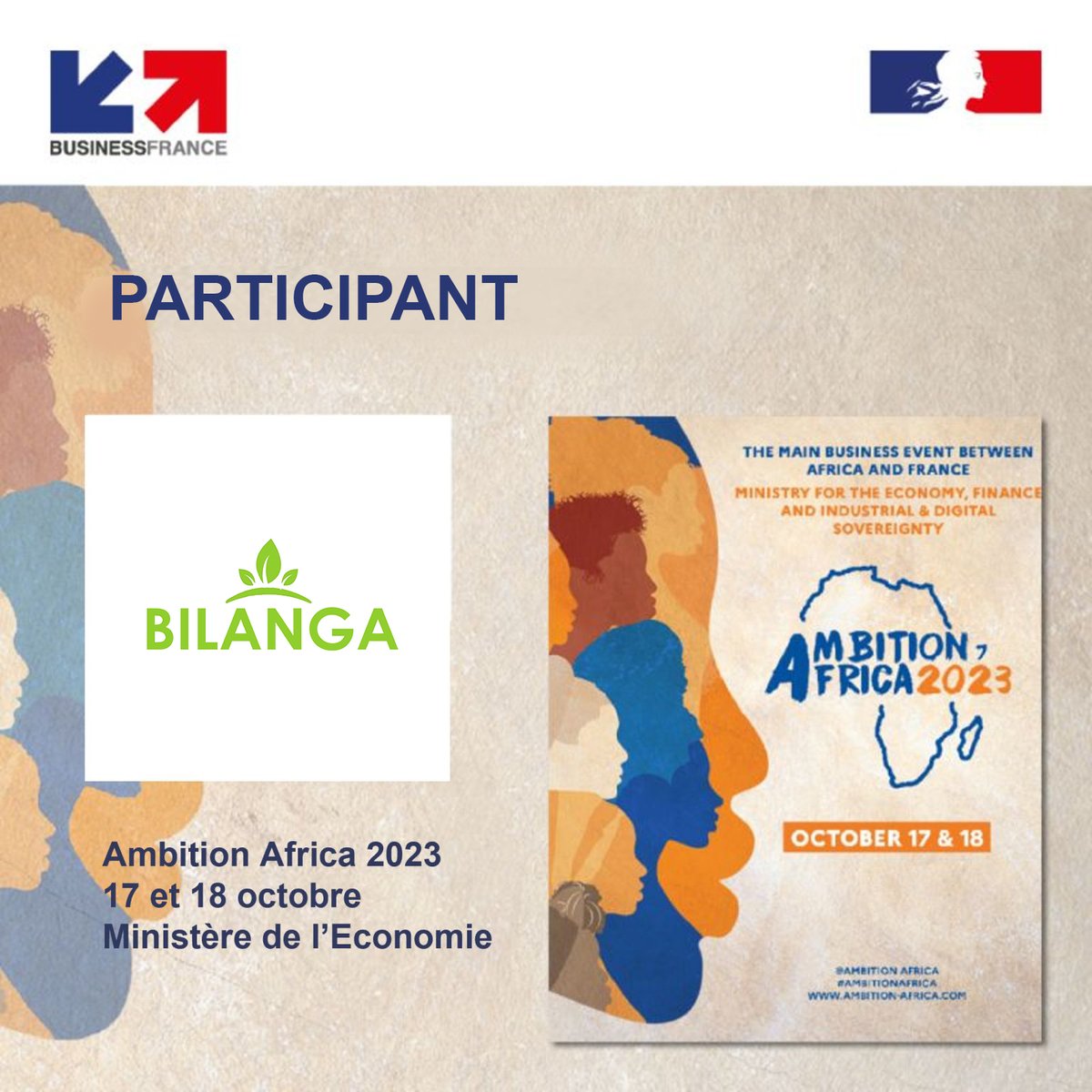 BilangaApp's tweet photo. Notre équipe sera présente à Ambition Africa, un événement incontournable pour les entreprises africaines et françaises, qui se tient demain et mercredi 17 et 18 octobre à Paris 🇫🇷.

Au plaisir de vous y retrouver !
#AmbitionAfrica #BILANGA #Agriculture #Agroalimentaire #Agritech https://t.co/zb4kqqBvw6