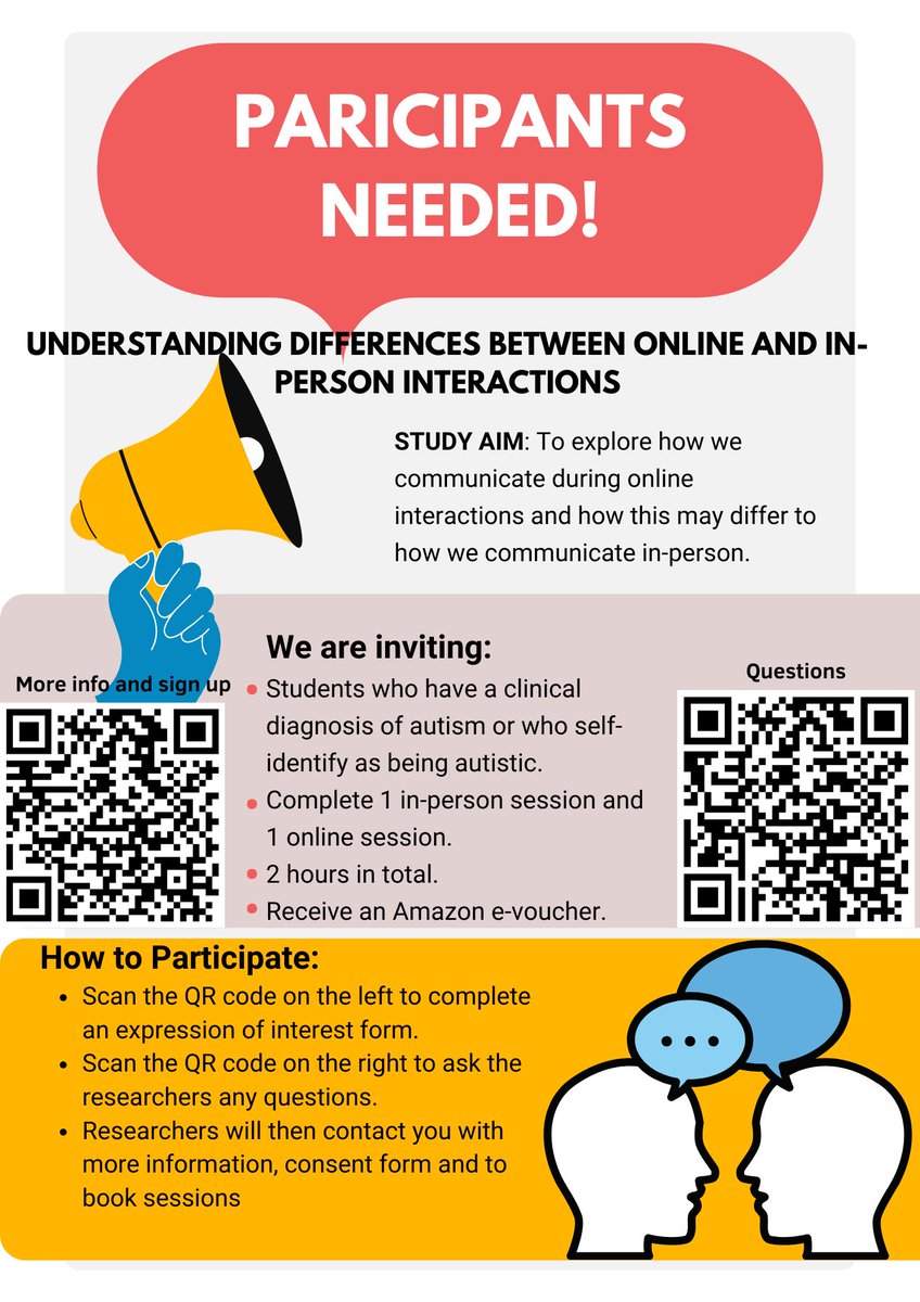 We are looking for autistic students to take part in a research study investigating differences between online and in-person communication. For questions: forms.office.com/Pages/Response… For more info and to sign: forms.office.com/Pages/Response…