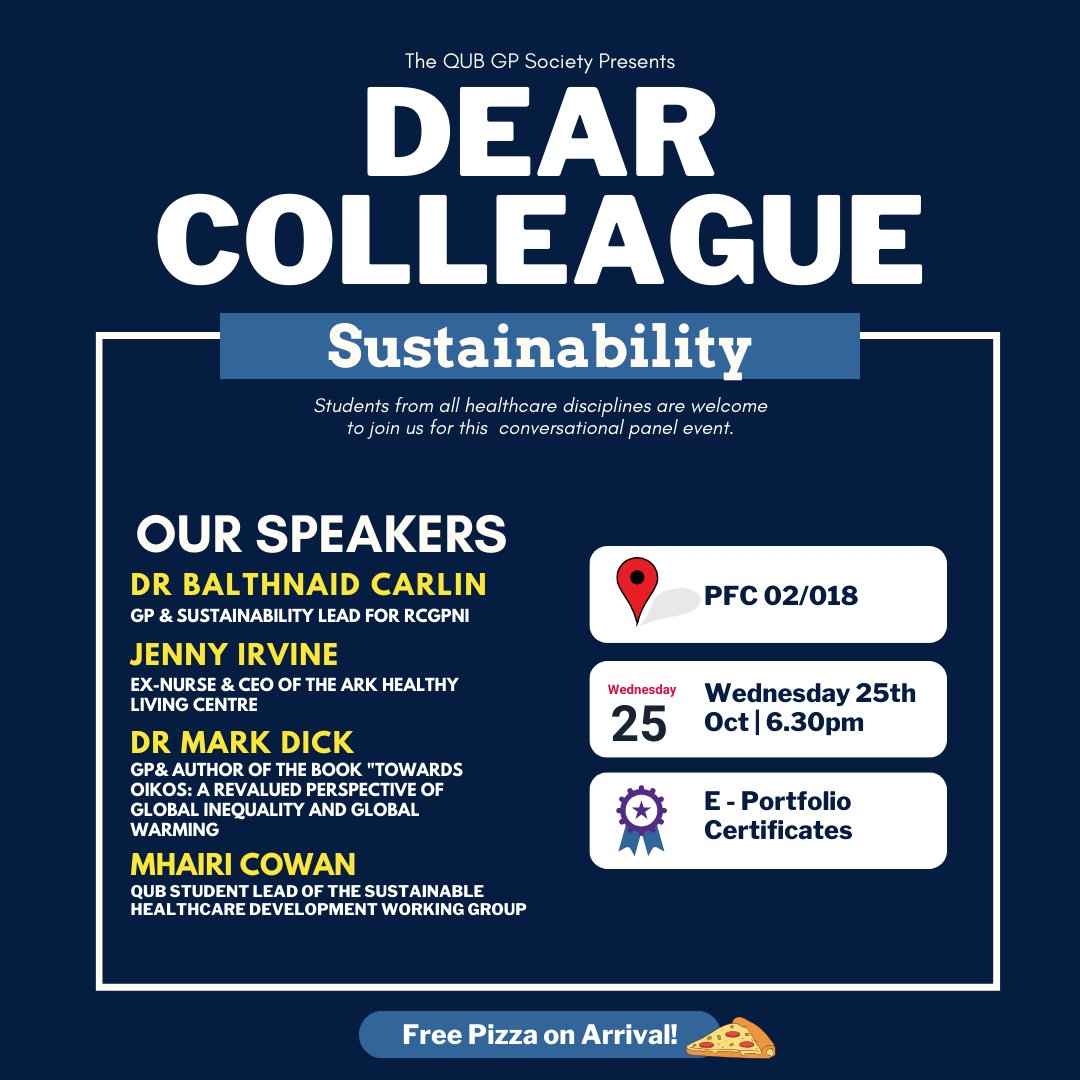 Join us for our first Dear Colleague evenings of the year where we will be discussing sustainability in medicine! 🗓Wednesday 25th October 🕡6:30pm 📍PFC 02/018 Get your FREE ticket from the link in our bio - can't wait to see you there! 🍕♻️