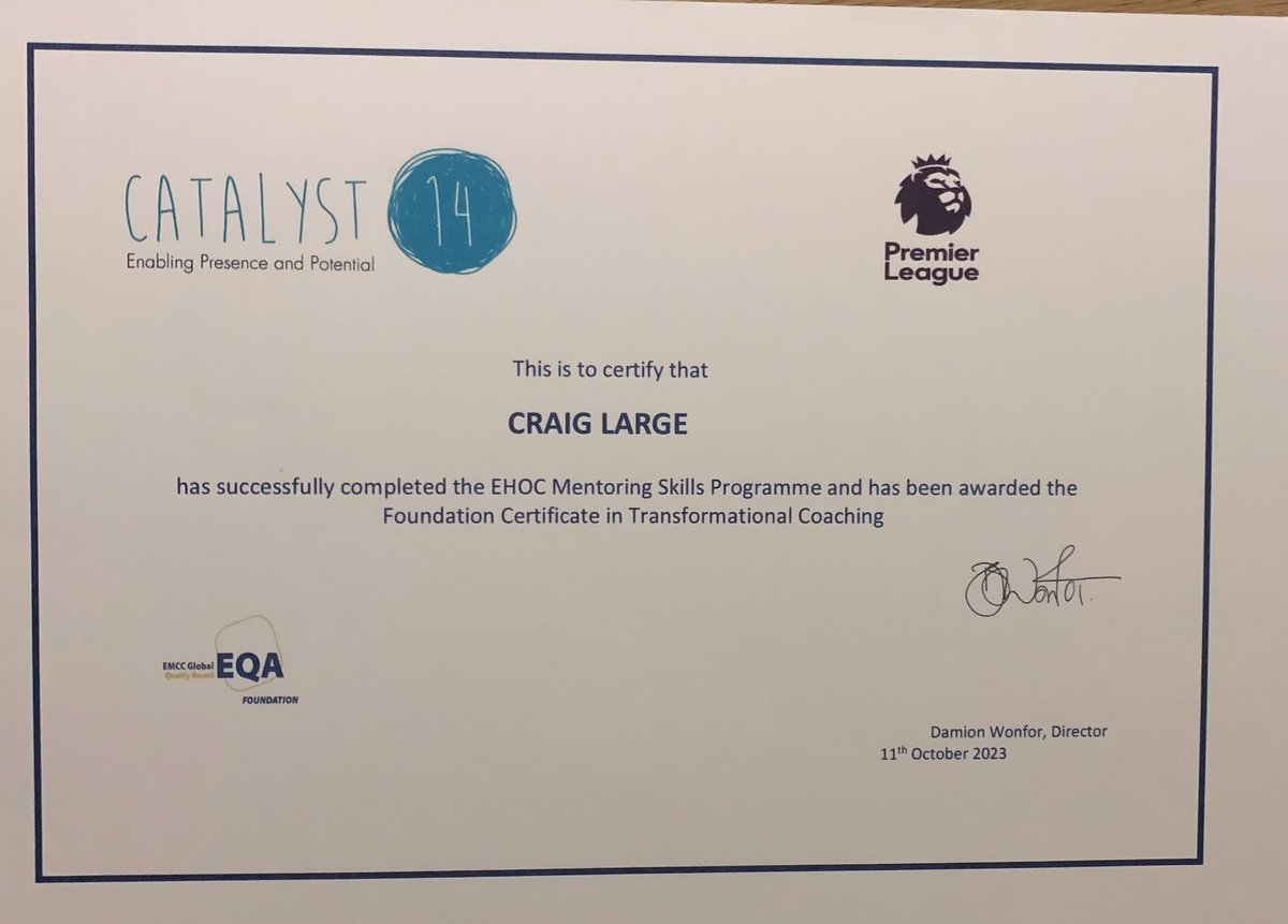 CraigRL's tweet image. I am delighted to say that I have completed and passed the #EMCC qualification in #mentoring through Catalyst 14 Ltd  

Through taking part in the Elite Head of Coaching programme run by The Premier League, I have been able to undertake many development opportunities.