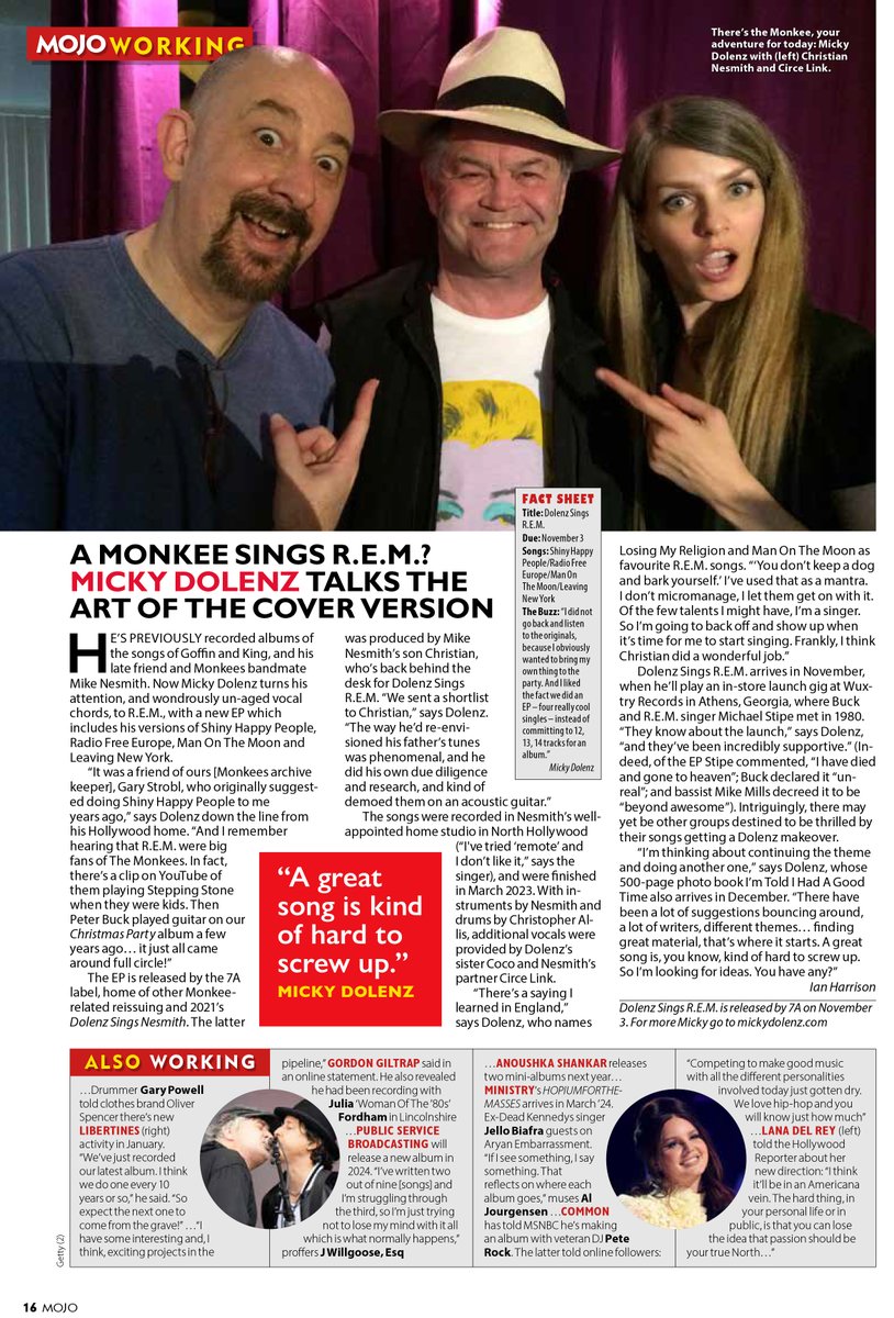 From the latest issue of Mojo Magazine. Released on Nov 3rd, Micky's new release "Dolenz Sings R.E.M." can be pre-ordered from importcds.com and Amazon. Or you can get a signed copy straight from mickydolenz.com.  His new book "I'm Told I Had A Great Time" can