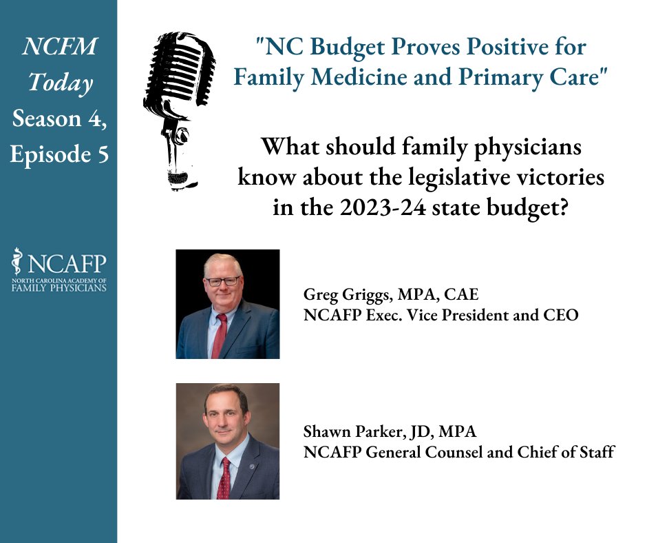 NCAFP (@myncafp) on Twitter photo We have a new episode of NCFM Today! Tune into the insightful conversation between <a href="/gkgriggs/">Greg Griggs</a> and <a href="/spatrickparker/">Shawn Parker</a>
as they discuss the 2023-24 NC budget and all the legislative victories that it contains for Family Medicine:
buzzsprout.com/909250/13785904 We have a new episode of NCFM Today! Tune into the insightful conversation between <a href="/gkgriggs/">Greg Griggs</a> and <a href="/spatrickparker/">Shawn Parker</a>
as they discuss the 2023-24 NC budget and all the legislative victories that it contains for Family Medicine:
buzzsprout.com/909250/13785904