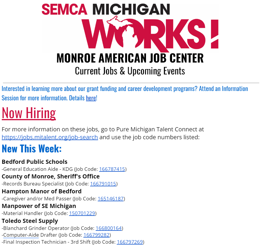 MonroeMIWorks's tweet photo. Now hiring! These Monroe businesses are looking for you! Click https://t.co/BLZzWulB8U to view the entire newsletter.
Hiring and want to be included for FREE? Contact us at 734-240-7950!
#NowHiring #MICorner #Monroe #MonroeMI https://t.co/pZuK8INVbq