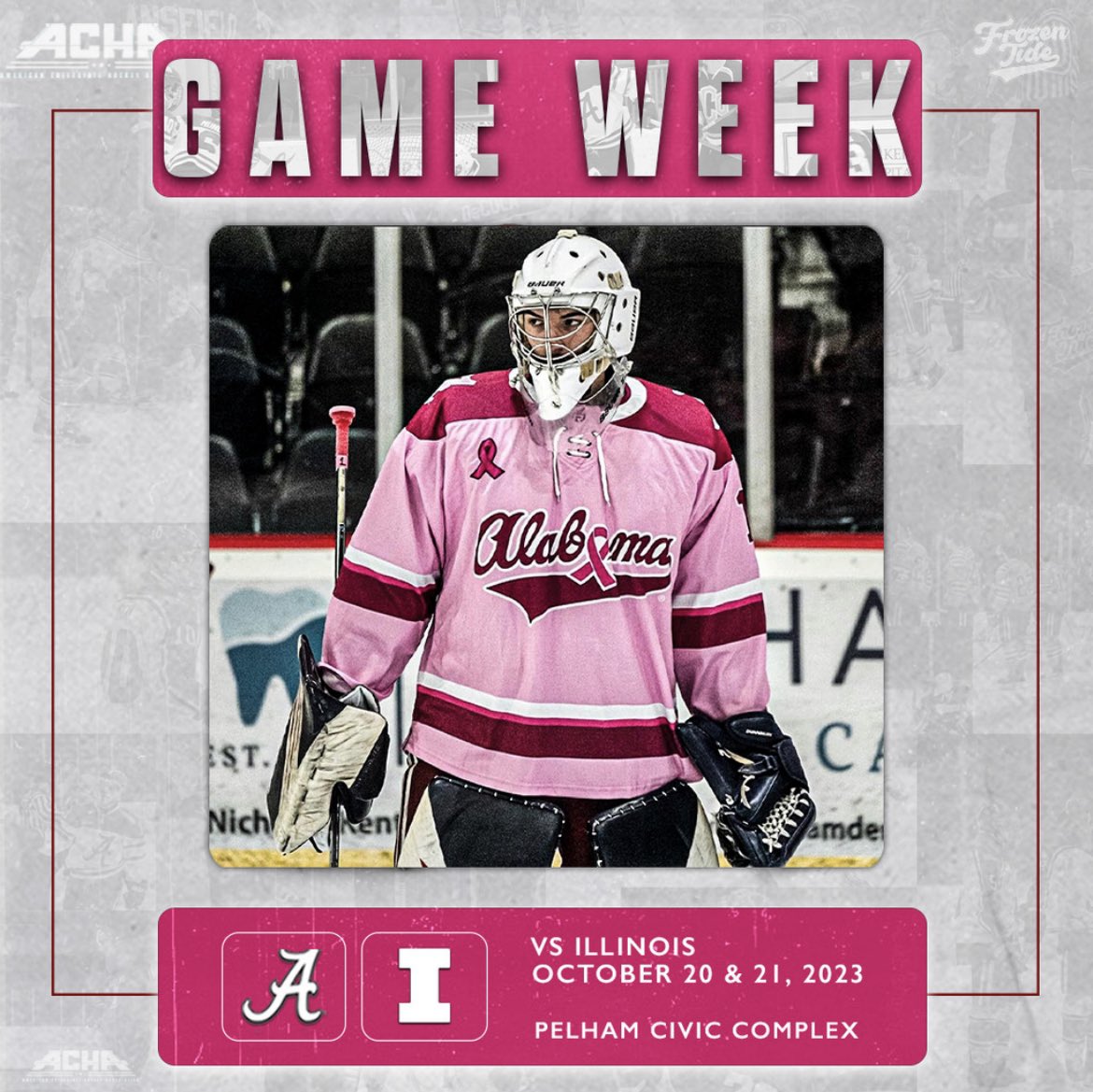 GET UP ITS GAME WEEK🗣️

The Frozen Tide is supporting Breast Cancer Awareness all October with pink warmups 🎗️🎀

Come out Friday and Saturday at the Pelham Civic Complex to support the team as they take on Illinois 🎟️

Tickets In Bio
