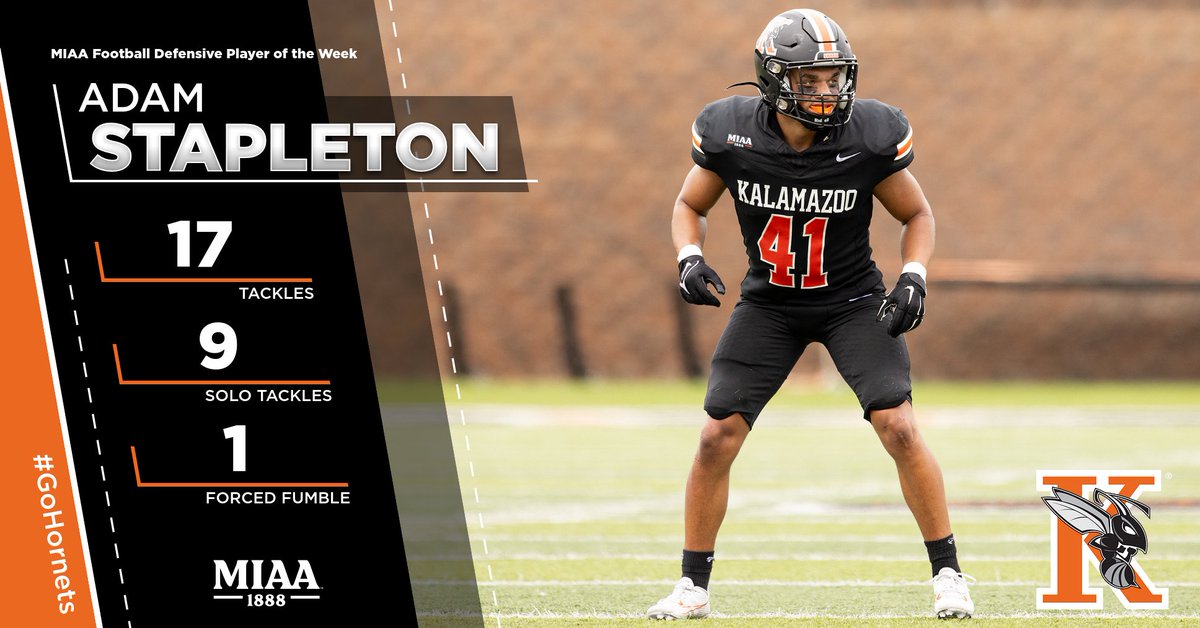 Kalamazoo College Athletics (@khornets) on Twitter photo Congrats to Adam Stapleton for being selected as the MIAA Football Defensive Player of the Week! Adam led the defense with 17 tackles (nine solo) and a forced fumble in the 45-23 win over Adrian. #GoHornets #SwarmTheDay <a href="/KzooFootball/">Kalamazoo College Football</a>
Story: tinyurl.com/5bf7k6nf Congrats to Adam Stapleton for being selected as the MIAA Football Defensive Player of the Week! Adam led the defense with 17 tackles (nine solo) and a forced fumble in the 45-23 win over Adrian. #GoHornets #SwarmTheDay <a href="/KzooFootball/">Kalamazoo College Football</a>
Story: tinyurl.com/5bf7k6nf