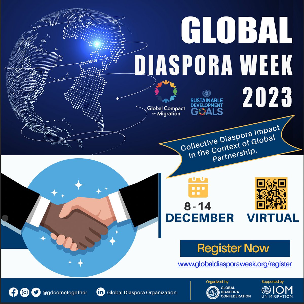 The 3rd Global Diaspora Week - Virtual Edition! From 8 to 14 Dec. 2023, we're going global in the virtual realm with a week-long celebration of the incredible power of diaspora communities.  Theme: "Collective Diaspora Impact in the Context of Global Partnership."
#GDWeek2023Get