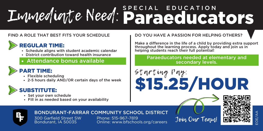 Join our team‼️ Paraeducator positions available at the elementary and secondary levels. Make a difference in the life of a child, apply today! 🍎

🔗 bfschools.org/Page/1324

#WeAreBondurantFarrar 💙