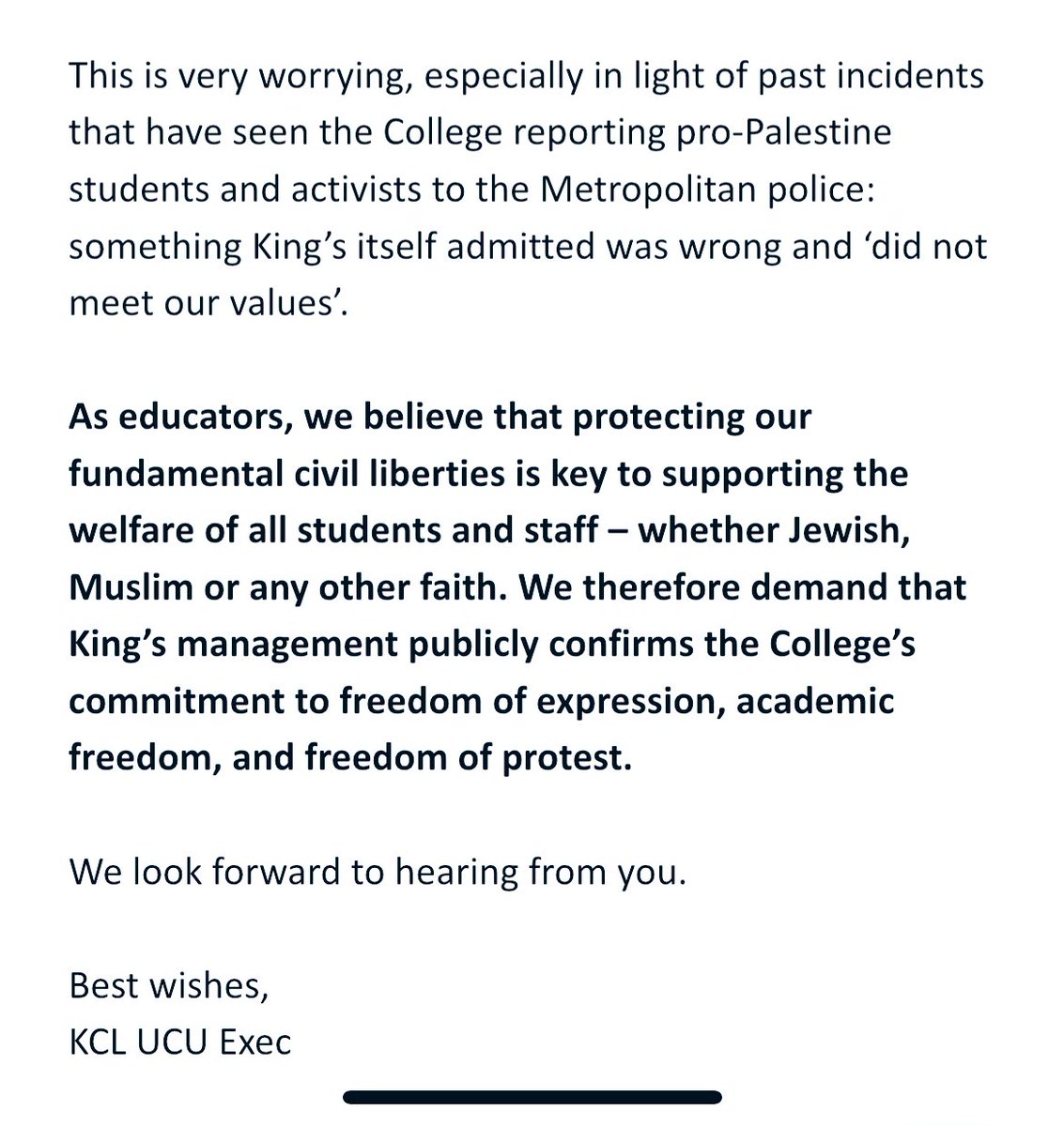 Today we wrote to Kings management expressing our concerns about the Government’s attempts to restrict academic freedom, freedom of expression & protest while supporting Israel’s crimes against Palestinians. We demand the College confirms its commitment to guarantee such freedoms